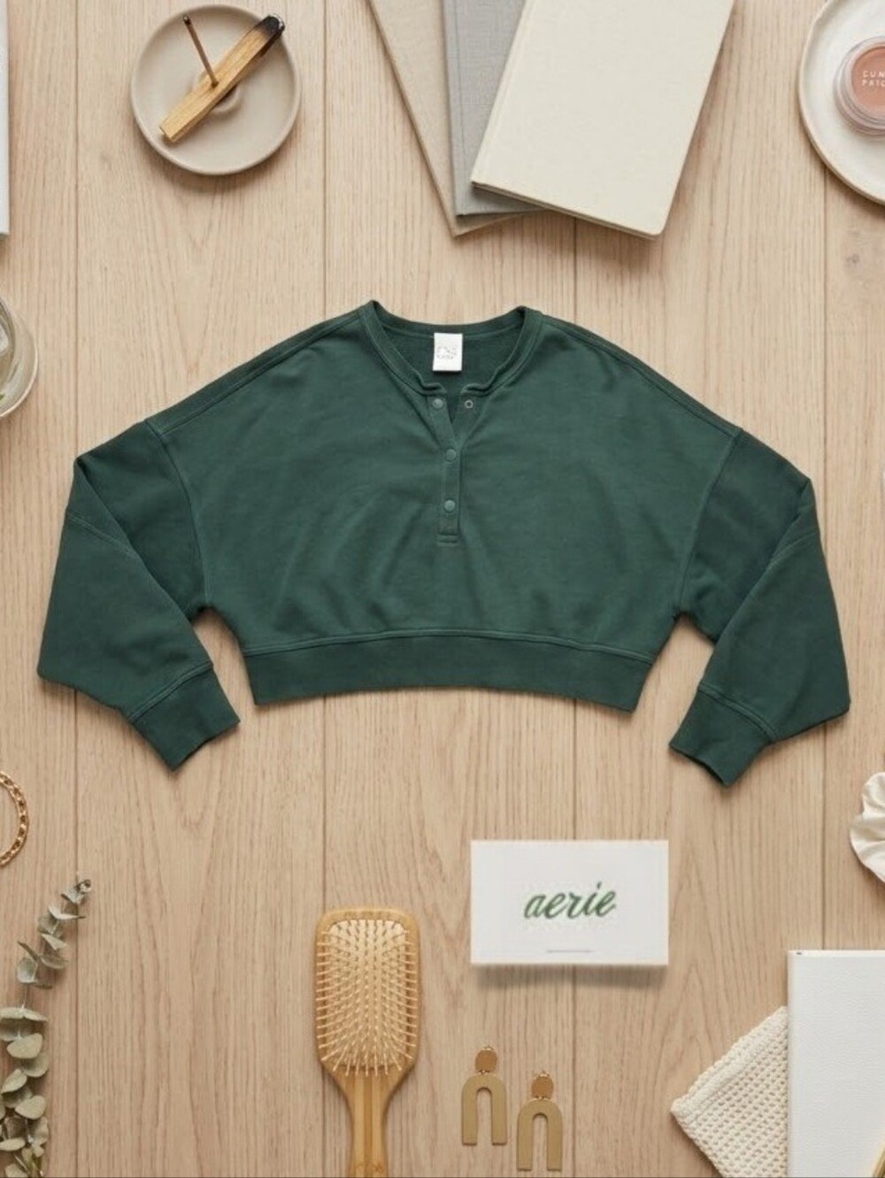 Aerie OFFLINE Throwback Snap Henley Sweatshirt Sage Green Cropped Pullover Large